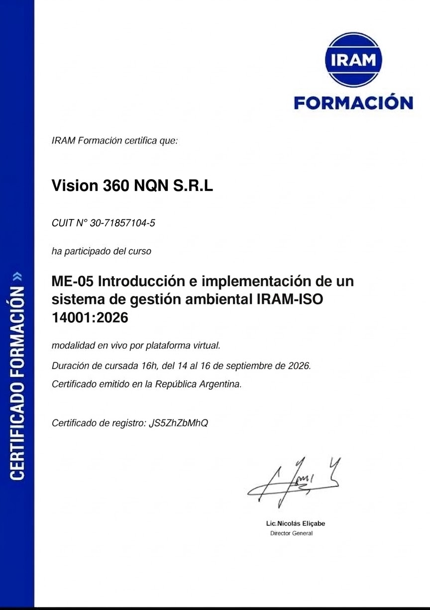 Certificado de formación IRAM de Visión 360 NQN S.R.L.